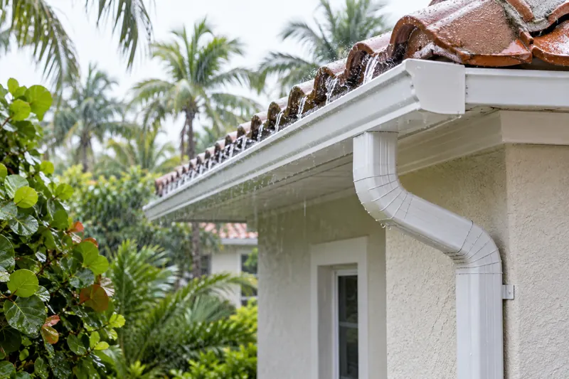 White gutter and downspout along a home's roof edge