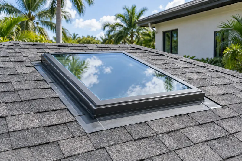 Glass skylight with flashing around its edges