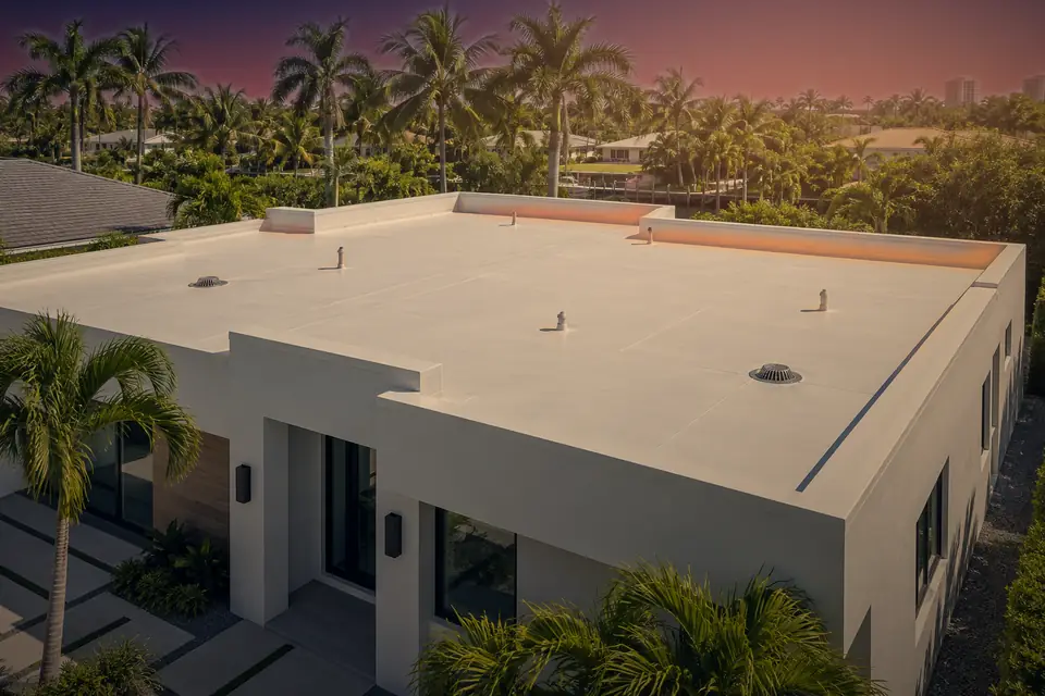 Flat membrane roof at sunset