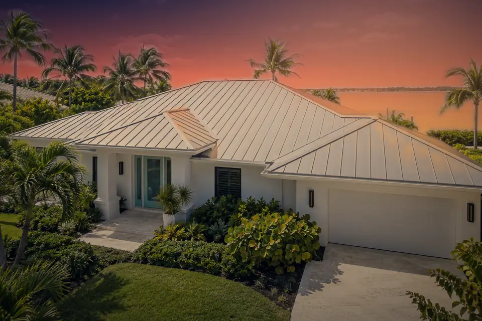 Standing seam metal roof at sunset